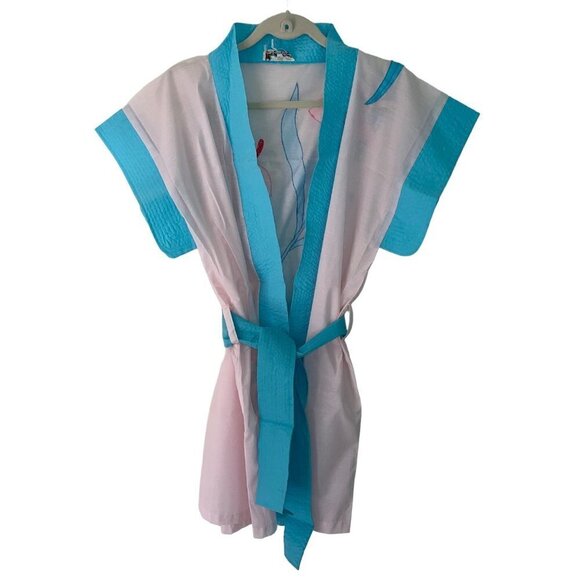Lyre Bird Vintage Womens Robe Size Large Pink Floral Applique Short Belt Pockets - Picture 1 of 10